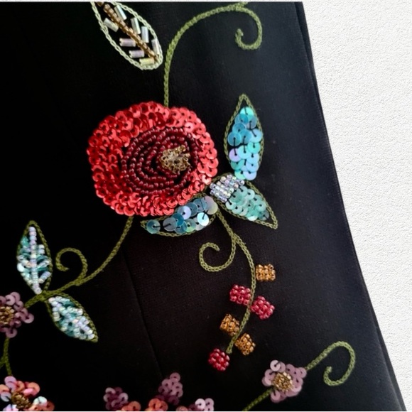 Vintage Maggy London Floral Embellished Long Black Sheath Dress Size 12 - Picture 6 of 10